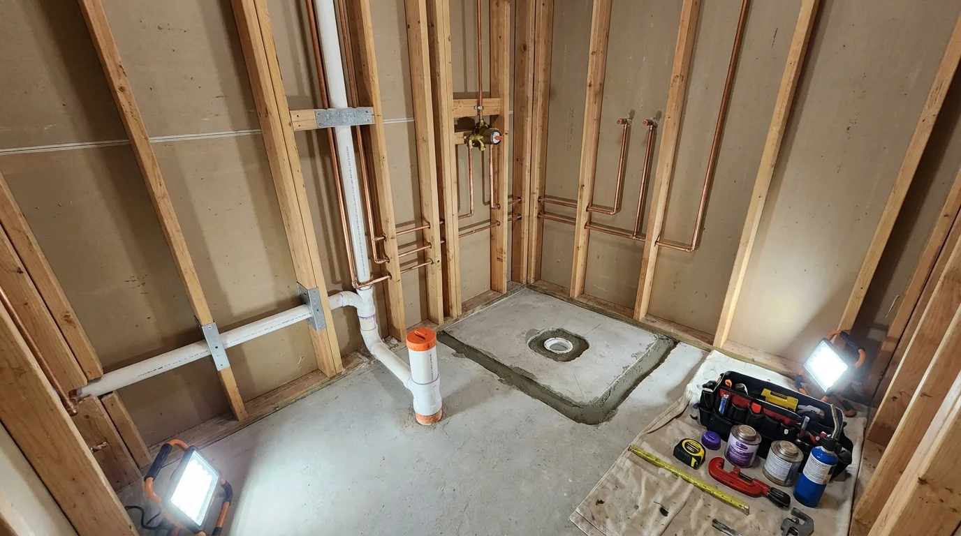 Bathroom rough-in plumbing during remodel by Johns Plumbing LLC in Kendallville
