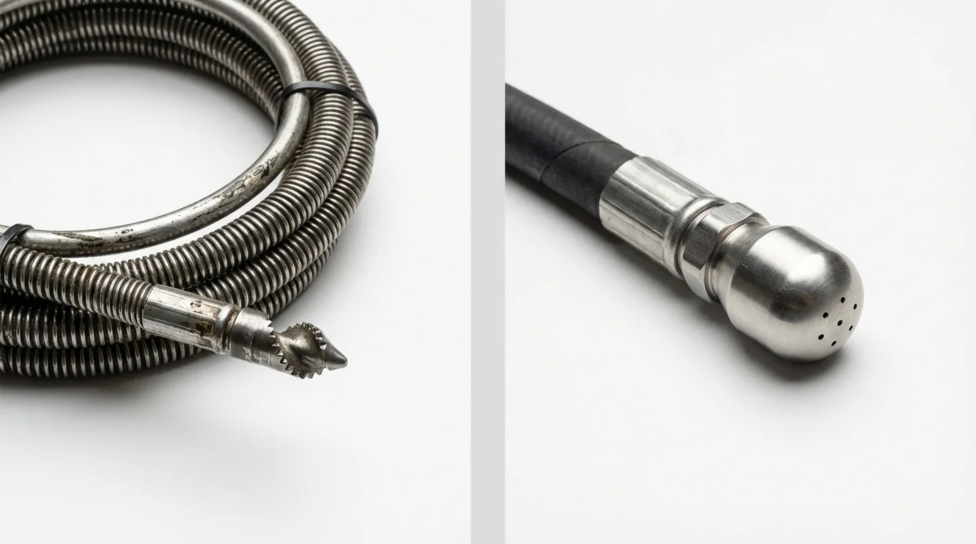 Drain snake cable and hydro jetting nozzle used for drain cleaning in Kendallville, IN