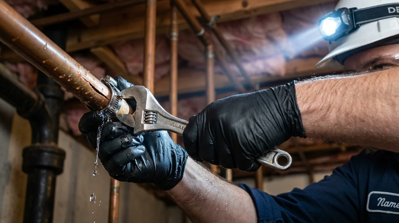 Emergency pipe clamp repair being performed by a Johns Plumbing LLC plumber in Kendallville