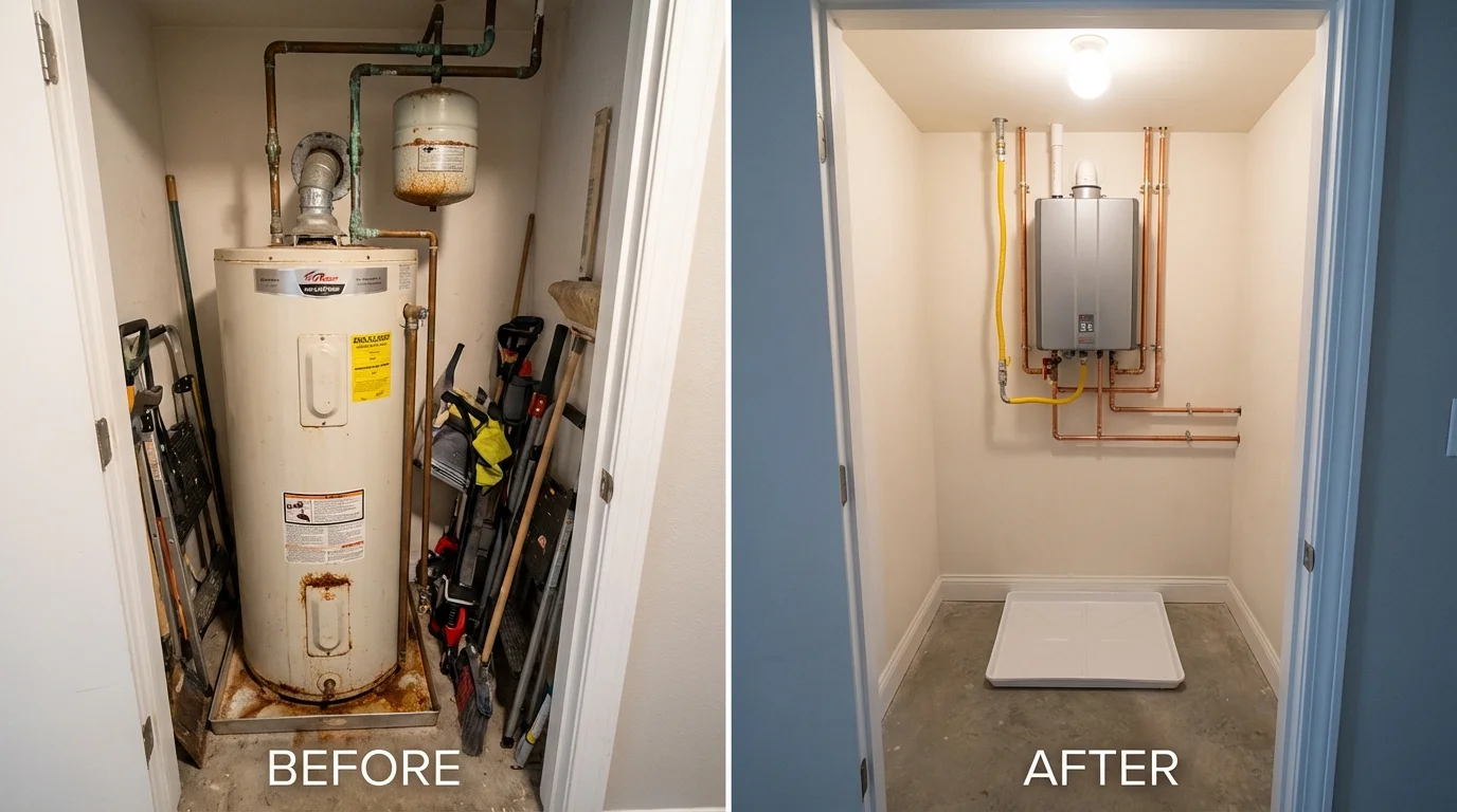Tank water heater versus wall-mounted tankless unit comparison for Kendallville, IN homeowners