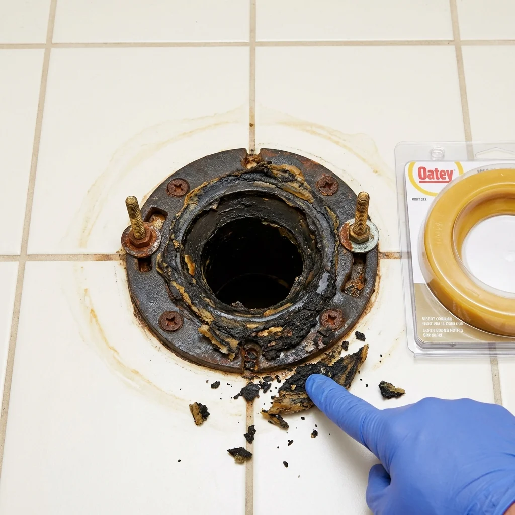 Failed wax ring showing water seepage at the base of a toilet in a Kendallville, IN home