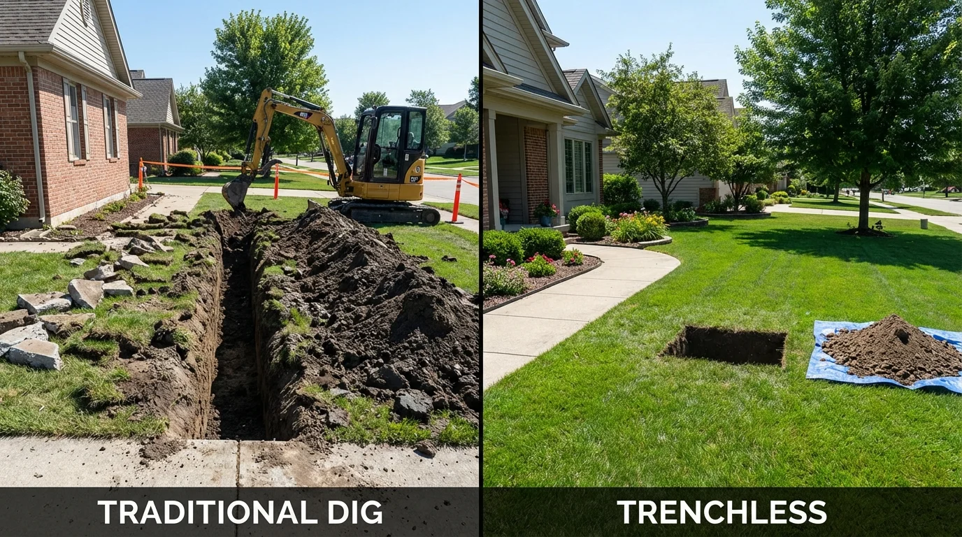 Trenchless sewer repair with minimal yard damage versus traditional excavation in Kendallville, IN