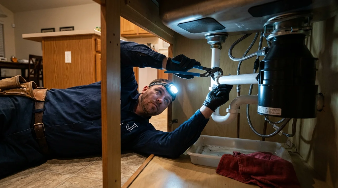 P-trap and supply line connections under a kitchen sink showing a common leak point in Kendallville, IN